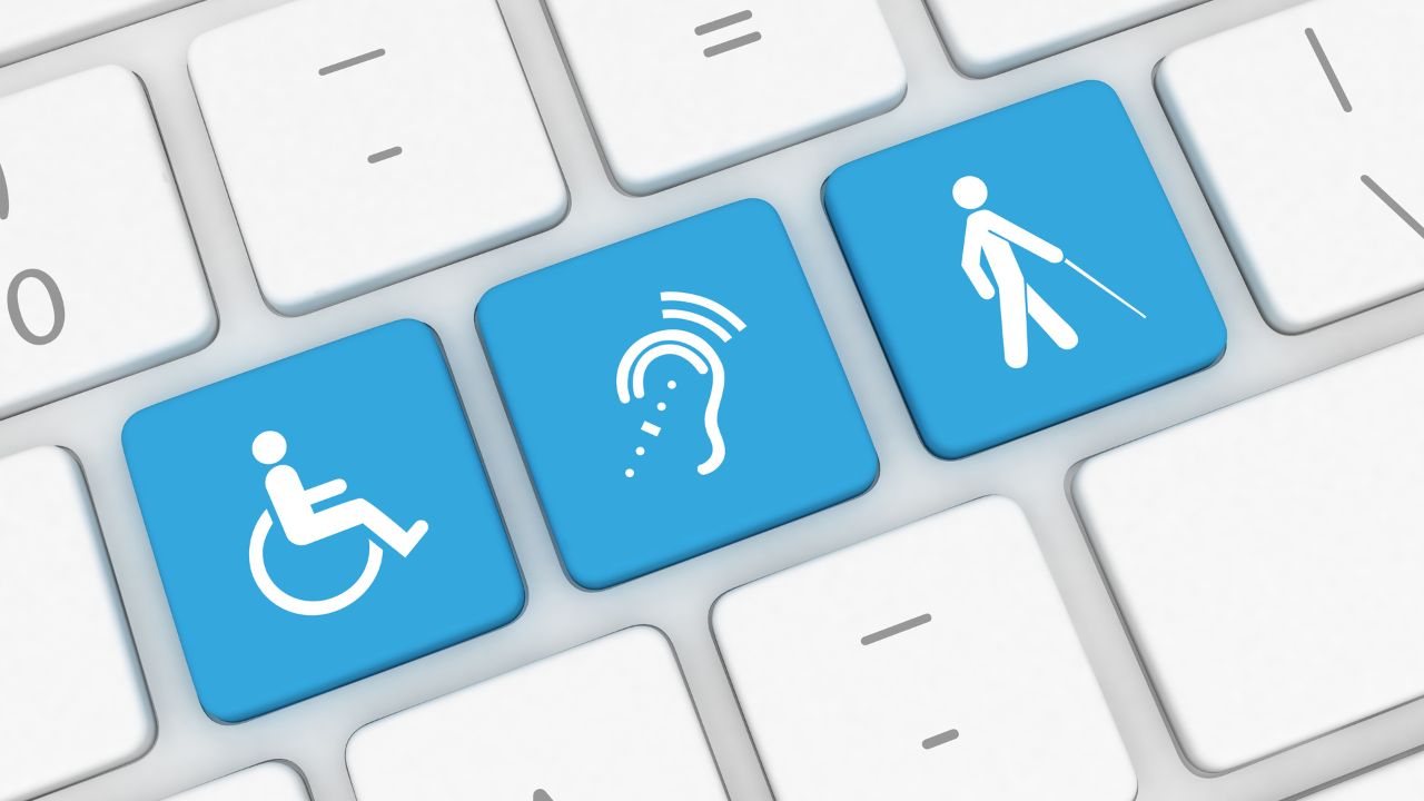 Inclusive Digital Navigation A diverse group of people with various disabilities using assistive technologies to navigate a website.