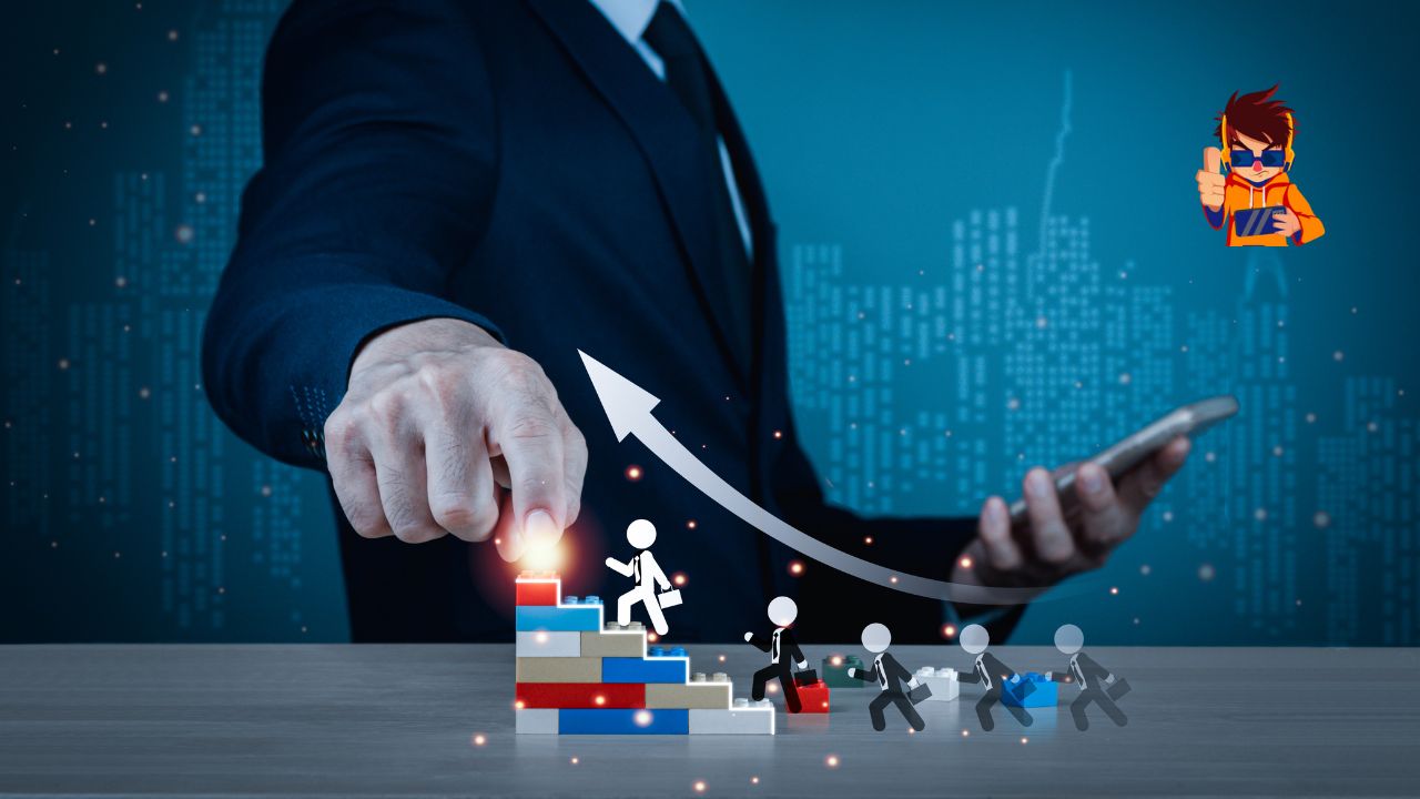 How to Use CRM Data to Drive Business Growth A hand of a man in a suit pointing to an upward arrow chart symbolizing business growth, with miniature figures climbing a staircase made of colorful blocks. In the background, a digital cityscape with subtle lights is visible, along with an animated character in the top right corner. The image represents the concept of using CRM data to drive business growth.