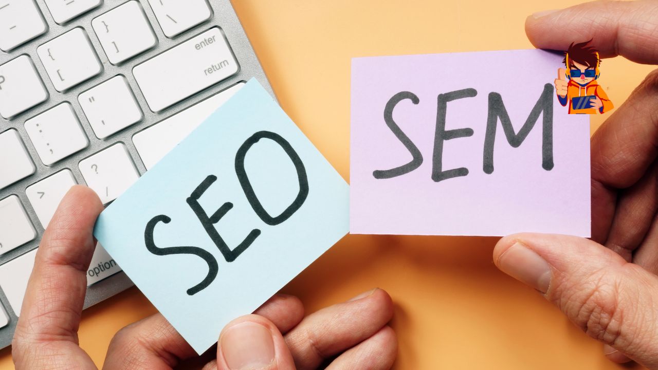 SEO vs. SEM Which Strategy Yields Better Long-Term Results Two hands holding colored cards with 'SEO' written on a blue card and 'SEM' on a purple card, placed over a keyboard. This image represents the comparison between Search Engine Optimization (SEO) and Search Engine Marketing (SEM) strategies.