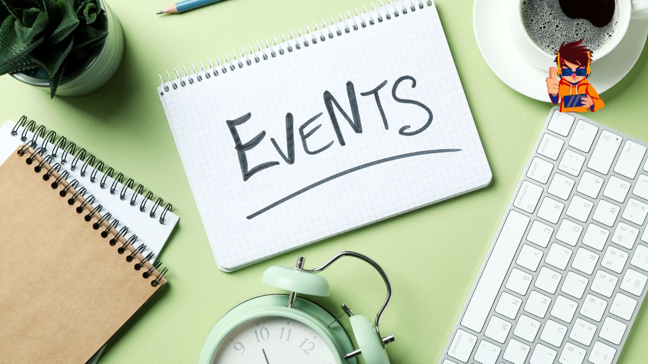 Virtual Events vs. In-Person Events Pros and Cons for Businesses A flat lay of office supplies including a spiral notebook with "EVENTS" written in bold letters, a keyboard, a cup of coffee, a small plant, and an alarm clock on a pastel green background.
