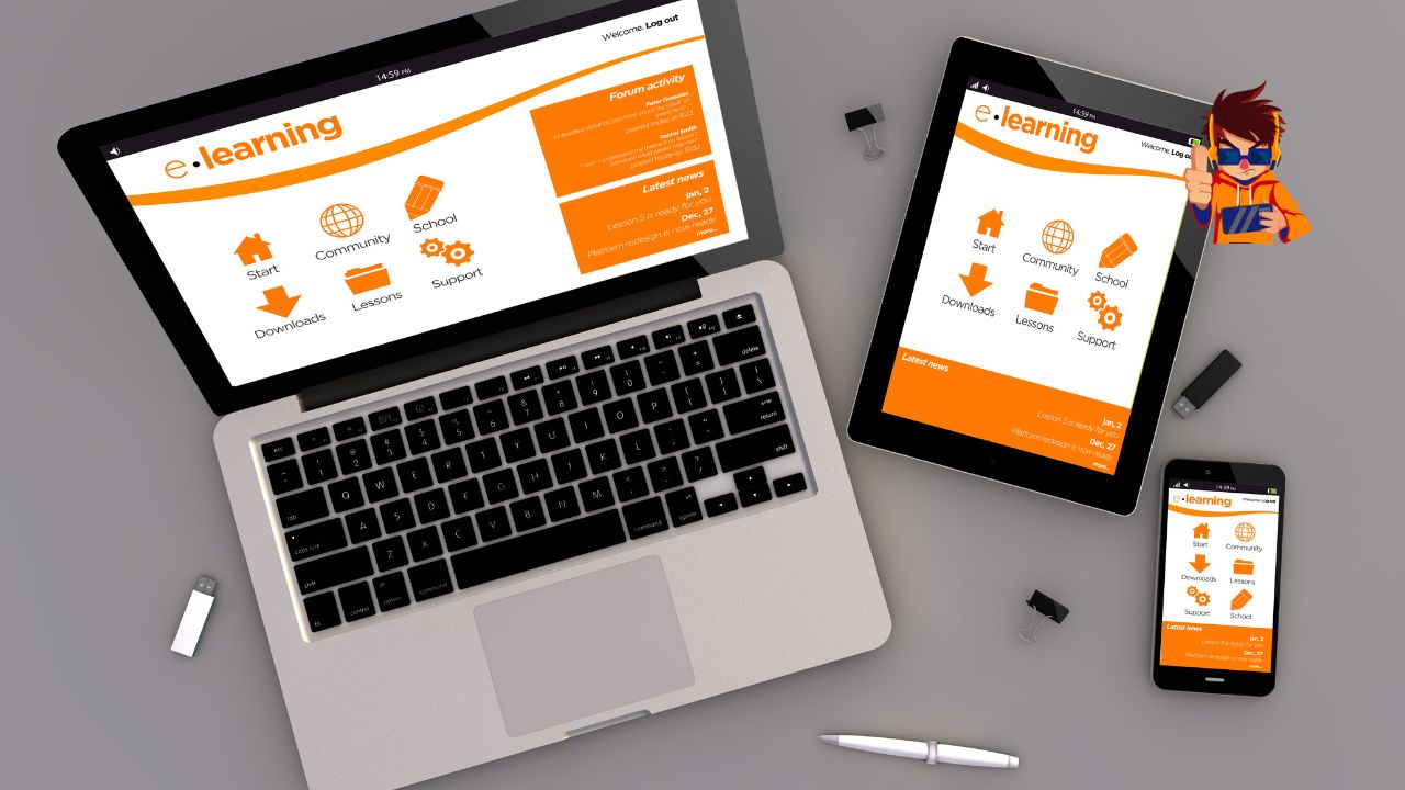 Mobile-First vs. Desktop-First Design What Matters in 2025 A modern e-learning platform displayed across a laptop, tablet, and smartphone, emphasizing responsive design. The interface is orange and white, featuring icons for downloads, lessons, support, and community. A small gaming-style mascot character is in the upper right corner.