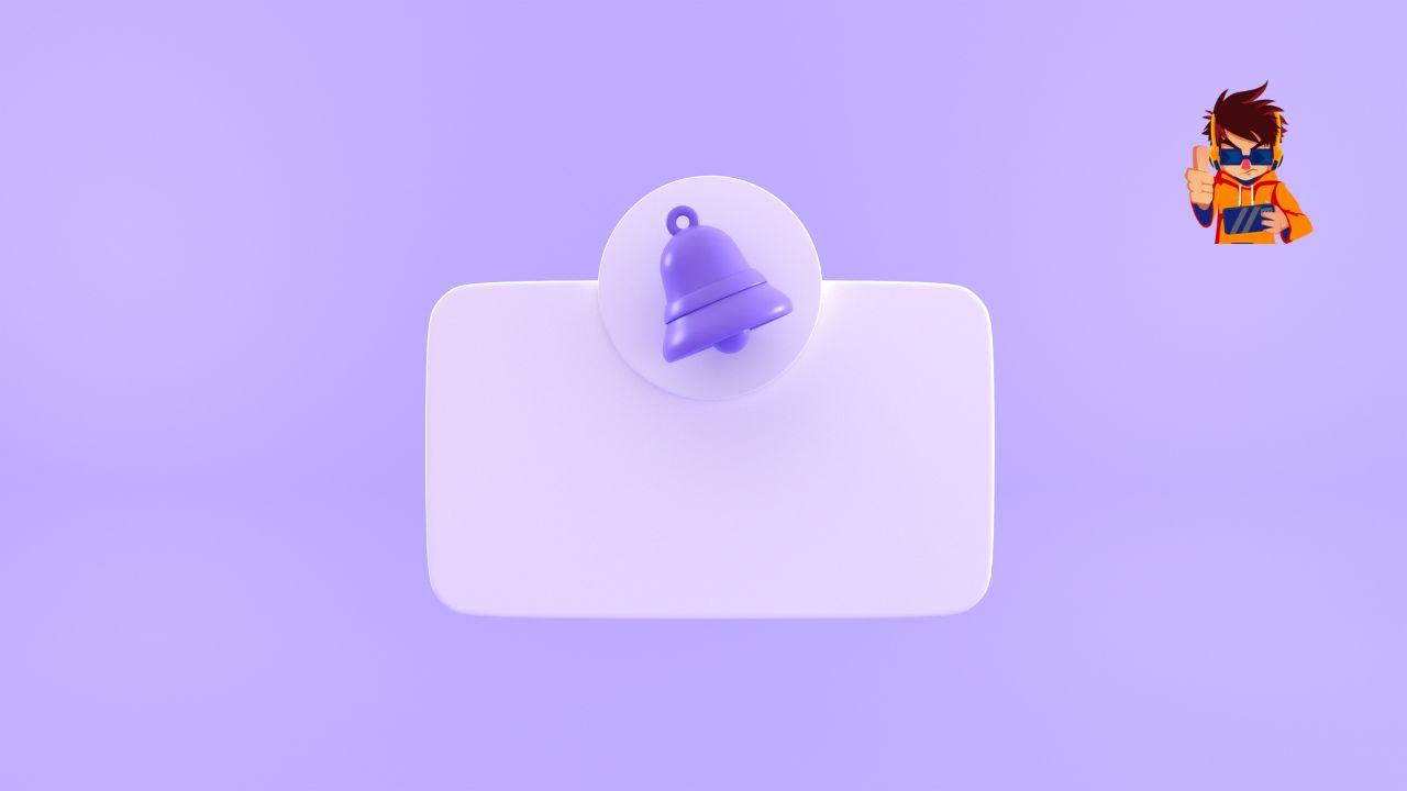 Pop-Ups vs. Slide-Ins Which Converts Better A minimalist 3D illustration of a notification bell icon on a blank rectangular panel, set against a soft purple background. A small gaming-style mascot character is in the upper right corner.