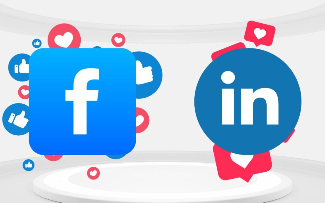 A 3D-rendered digital illustration comparing Facebook and LinkedIn, with their logos prominently displayed and surrounded by engagement icons like thumbs up and hearts.