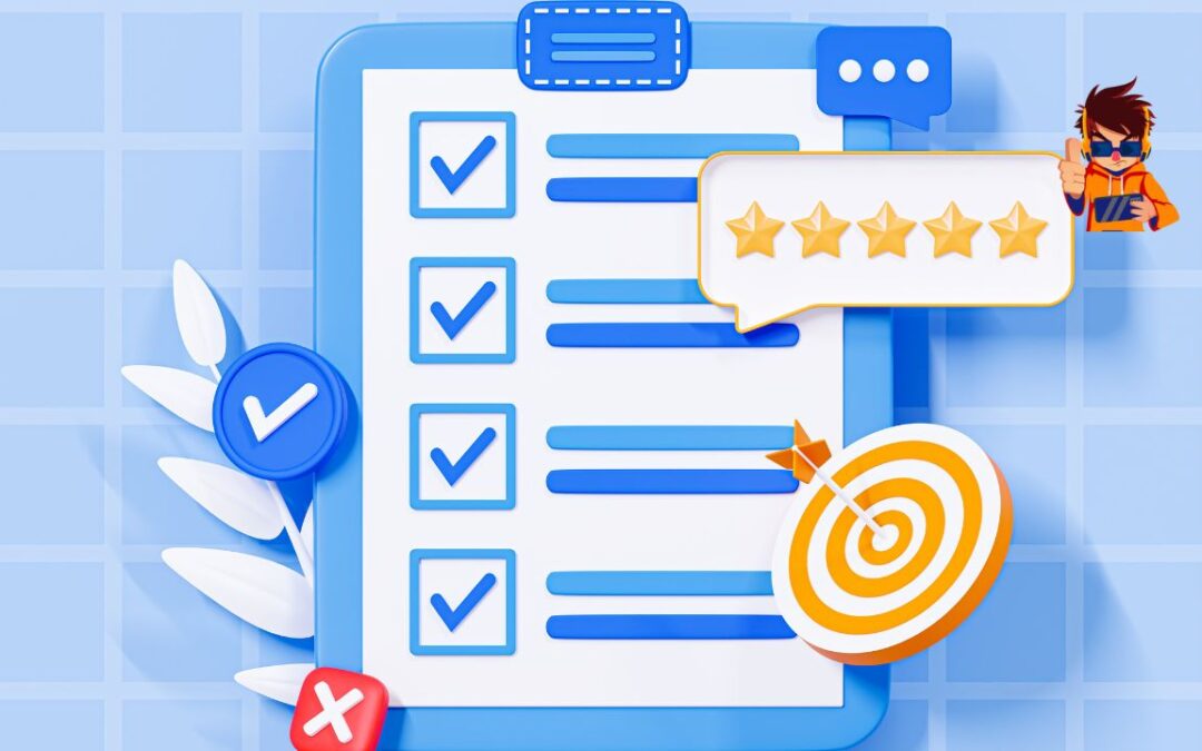 A 3D-rendered digital checklist with blue checkmarks on a clipboard, a five-star review speech bubble, a target with an arrow, and a blue check badge, all on a blue background with a subtle grid pattern.