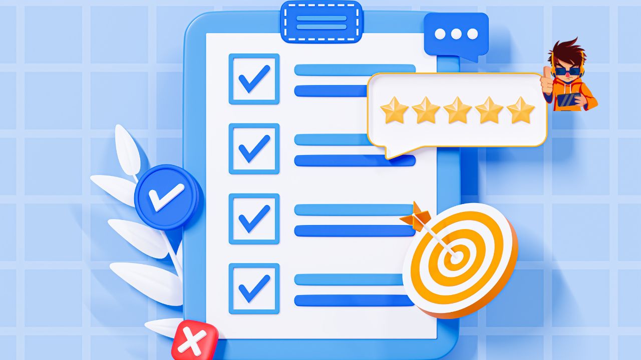Long-Form vs. Short-Form Content Which Boosts Engagement A 3D-rendered digital checklist with blue checkmarks on a clipboard, a five-star review speech bubble, a target with an arrow, and a blue check badge, all on a blue background with a subtle grid pattern.