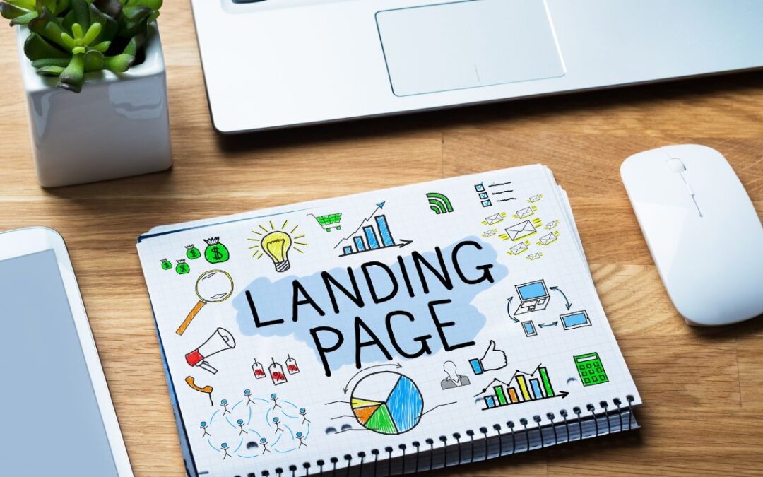 Notebook with colorful marketing doodles and the words "Landing Page" on a wooden desk, surrounded by a laptop, tablet, mouse, and plant.