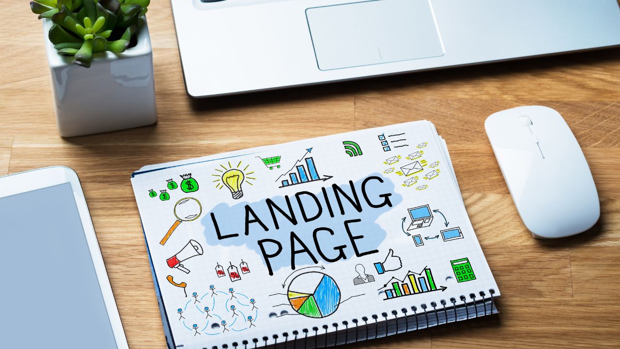 The Psychology Behind High-Converting Landing Pages Notebook with colorful marketing doodles and the words "Landing Page" on a wooden desk, surrounded by a laptop, tablet, mouse, and plant.