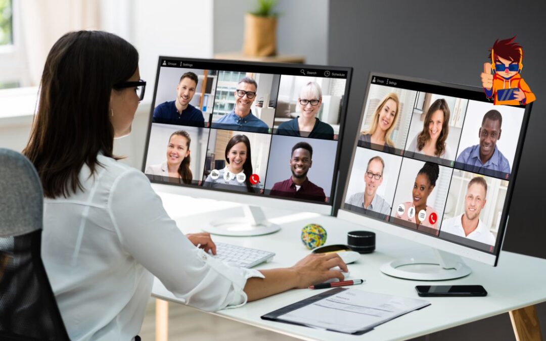 Woman participating in a virtual meeting using dual monitors displaying a video conference with multiple people