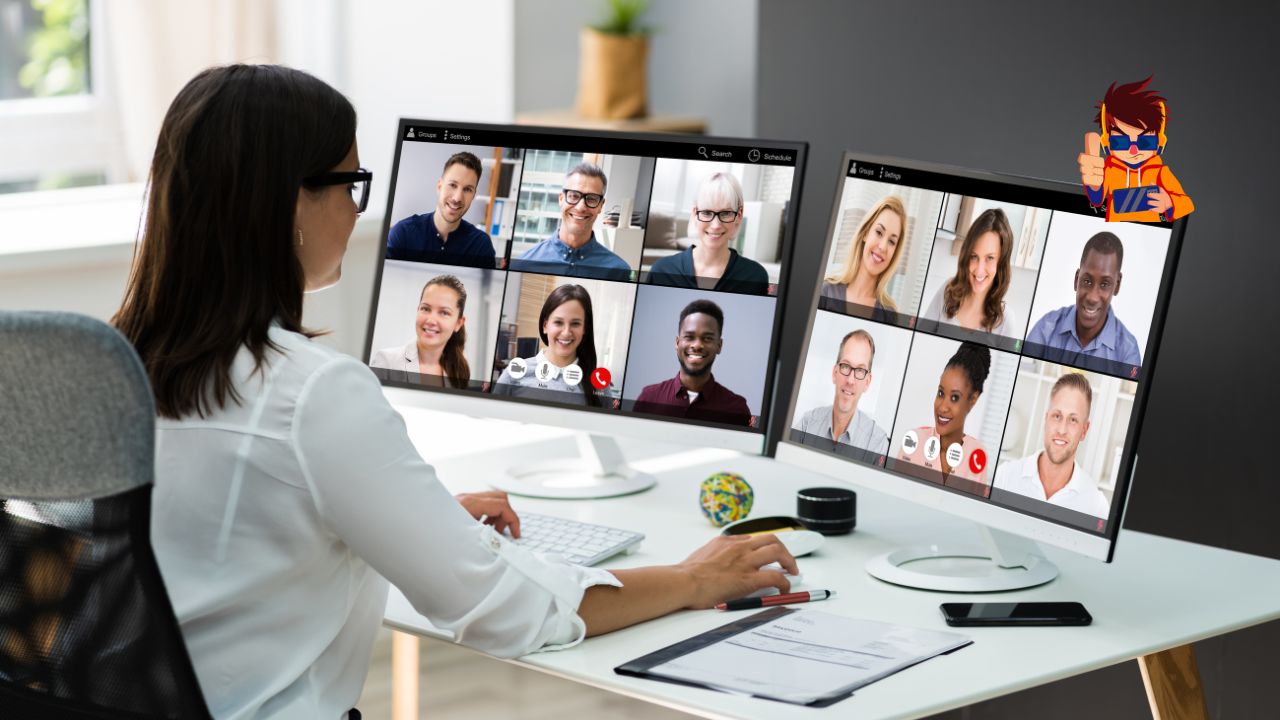 Webinars vs. Live Events What Engages Audiences Better Woman participating in a virtual meeting using dual monitors displaying a video conference with multiple people