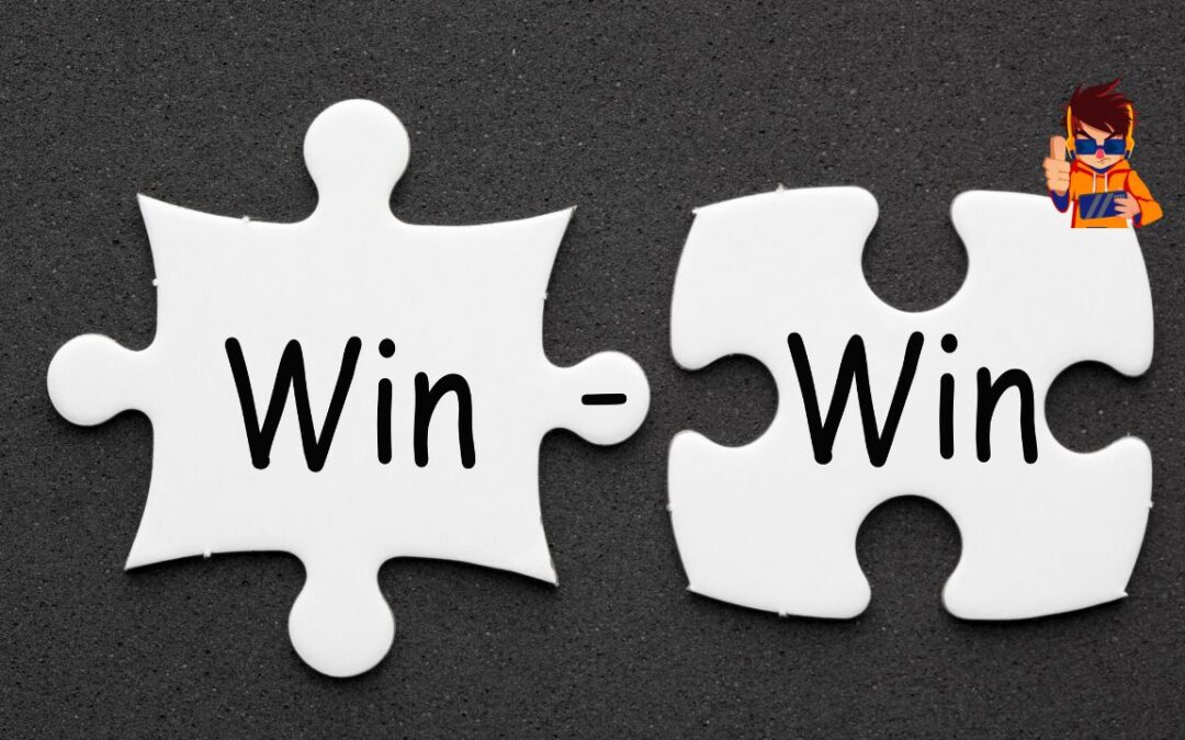 Two interlocking white puzzle pieces on a dark background, each labeled "Win," symbolizing a win-win situation.