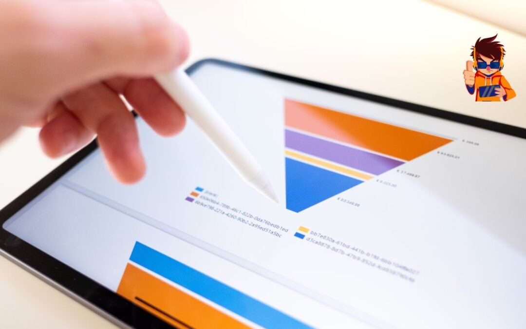 Close-up of a digital tablet displaying a colorful funnel chart, with a hand holding a stylus pointing at the screen.