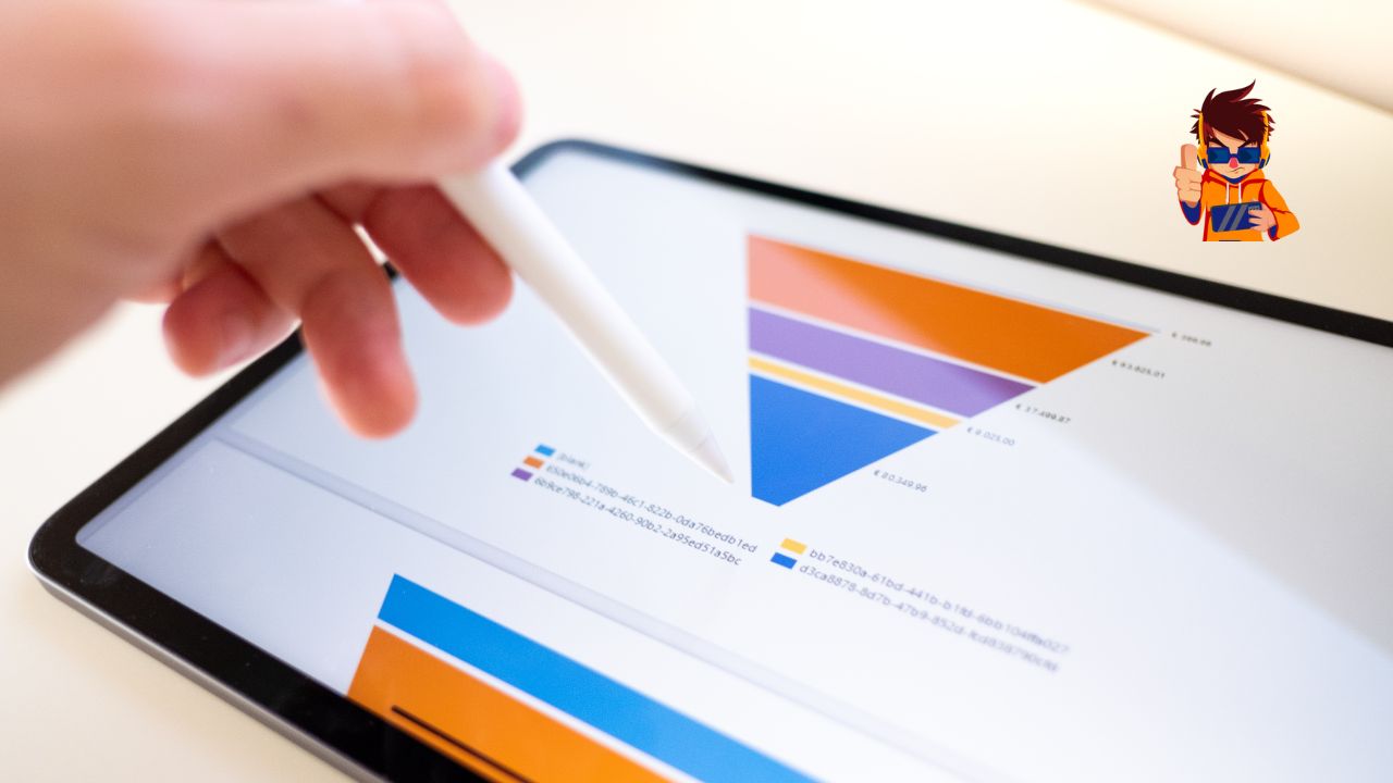 Marketing Funnels vs. Sales Funnels What’s the Difference Close-up of a digital tablet displaying a colorful funnel chart, with a hand holding a stylus pointing at the screen.