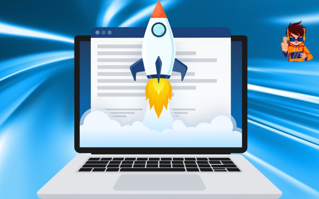 A rocket launching from a laptop screen on a blue speed-motion background, symbolizing fast website performance.