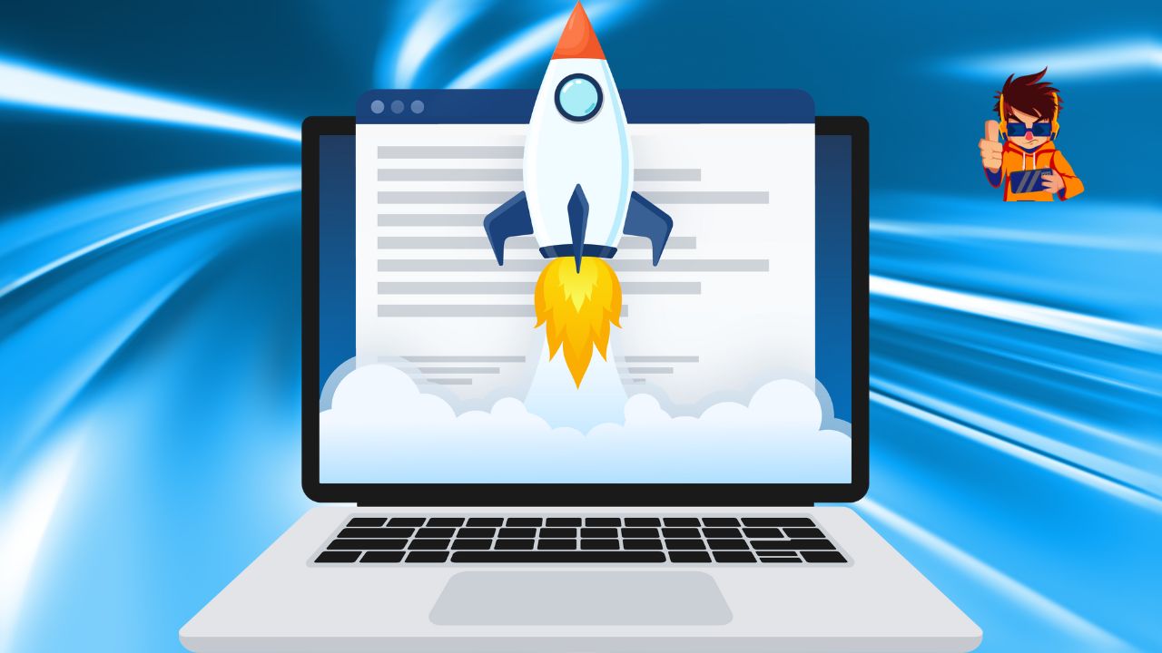 Why Website Speed is Critical for SEO Rankings and Conversions A rocket launching from a laptop screen on a blue speed-motion background, symbolizing fast website performance.